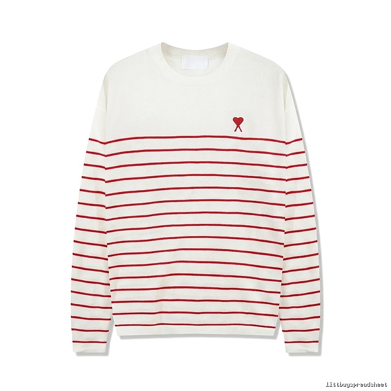 AMI Stripe Heart White Sweater