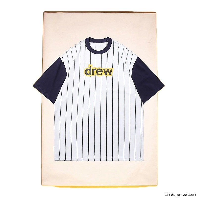 DREW Letter Print Street Style White and Navy Blue Short Sleeve T-Shirt